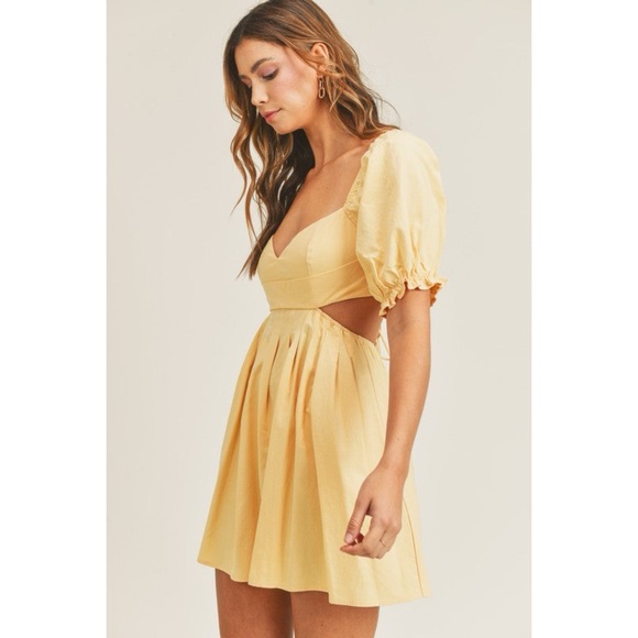 Mable Dresses & Skirts - Mable Yellow Strappy Open Back Puff Sleeve Mini Dress